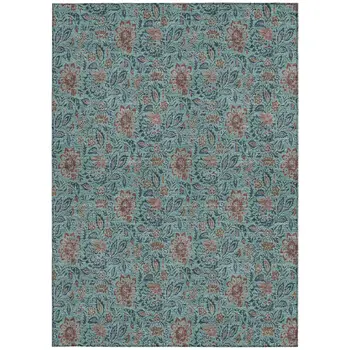9' X 12' Teal Blue Brown And Taupe Floral Washable Indoor Outdoor Area Rug
