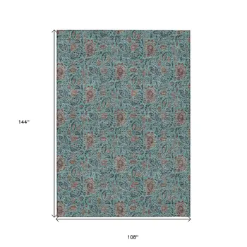 9' X 12' Teal Blue Brown And Taupe Floral Washable Indoor Outdoor Area Rug