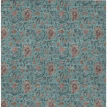 10' X 14' Teal Blue Brown And Taupe Floral Washable Indoor Outdoor Area Rug