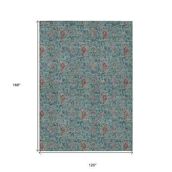 10' X 14' Teal Blue Brown And Taupe Floral Washable Indoor Outdoor Area Rug