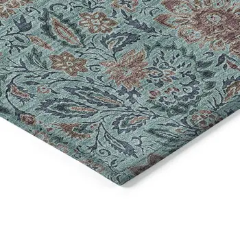 10' X 14' Teal Blue Brown And Taupe Floral Washable Indoor Outdoor Area Rug