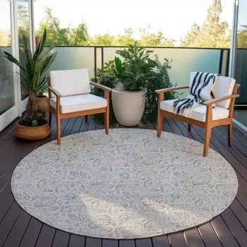 8' Taupe Beige And Brown Round Floral Washable Indoor Outdoor Area Rug