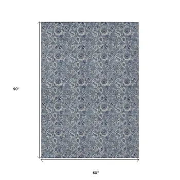 5' X 8' Denim Blue And Navy Blue Floral Washable Indoor Outdoor Area Rug