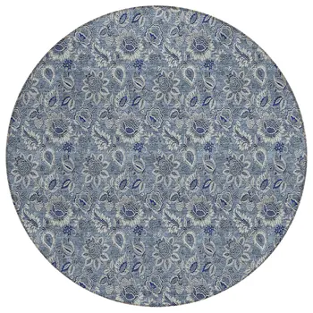 8' Denim Blue And Navy Blue Round Floral Washable Indoor Outdoor Area Rug