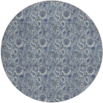 8' Denim Blue And Navy Blue Round Floral Washable Indoor Outdoor Area Rug