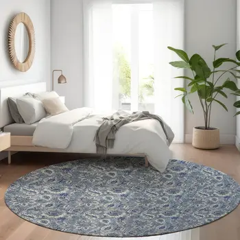 8' Denim Blue And Navy Blue Round Floral Washable Indoor Outdoor Area Rug