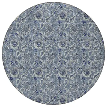 8' Denim Blue And Navy Blue Round Floral Washable Indoor Outdoor Area Rug