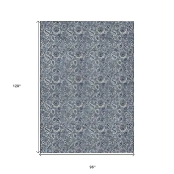 8' X 10' Denim Blue And Navy Blue Floral Washable Indoor Outdoor Area Rug