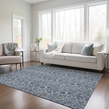 8' X 10' Denim Blue And Navy Blue Floral Washable Indoor Outdoor Area Rug
