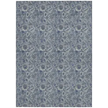 9' X 12' Denim Blue And Navy Blue Floral Washable Indoor Outdoor Area Rug