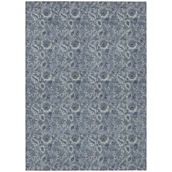 9' X 12' Denim Blue And Navy Blue Floral Washable Indoor Outdoor Area Rug