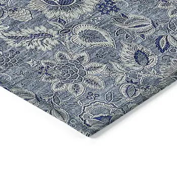 9' X 12' Denim Blue And Navy Blue Floral Washable Indoor Outdoor Area Rug