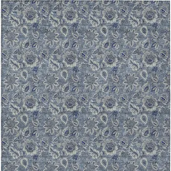 9' X 12' Denim Blue And Navy Blue Floral Washable Indoor Outdoor Area Rug