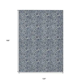10' X 14' Denim Blue And Navy Blue Floral Washable Indoor Outdoor Area Rug