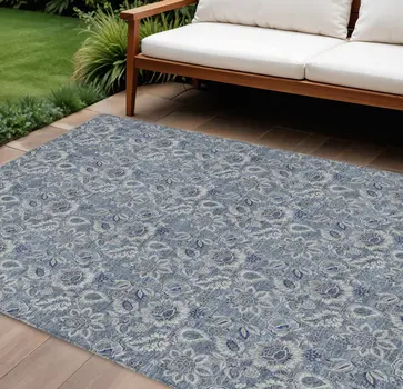 10' X 14' Denim Blue And Navy Blue Floral Washable Indoor Outdoor Area Rug
