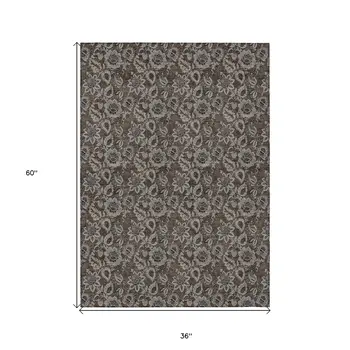 3' X 5' Chocolate And Charcoal Floral Washable Indoor Outdoor Area Rug