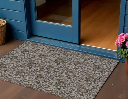 3' X 5' Chocolate And Charcoal Floral Washable Indoor Outdoor Area Rug