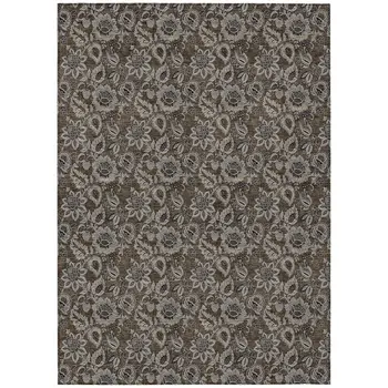 3' X 5' Chocolate And Charcoal Floral Washable Indoor Outdoor Area Rug