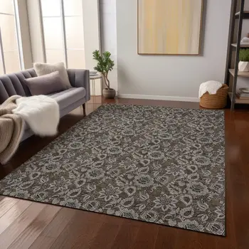 3' X 5' Chocolate And Charcoal Floral Washable Indoor Outdoor Area Rug