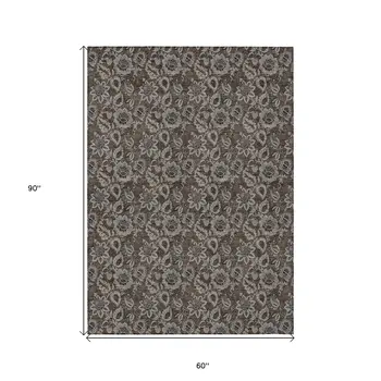 5' X 8' Chocolate And Charcoal Floral Washable Indoor Outdoor Area Rug