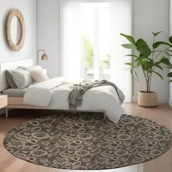8' Chocolate And Charcoal Round Floral Washable Indoor Outdoor Area Rug