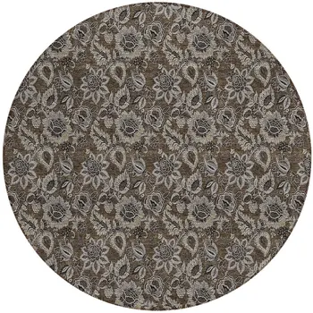 8' Chocolate And Charcoal Round Floral Washable Indoor Outdoor Area Rug