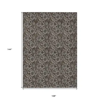 9' X 12' Chocolate And Charcoal Floral Washable Indoor Outdoor Area Rug