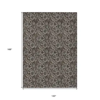 10' X 14' Chocolate And Charcoal Floral Washable Indoor Outdoor Area Rug