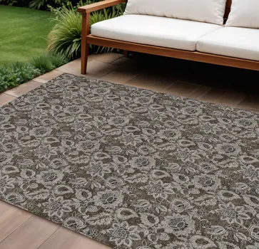 10' X 14' Chocolate And Charcoal Floral Washable Indoor Outdoor Area Rug