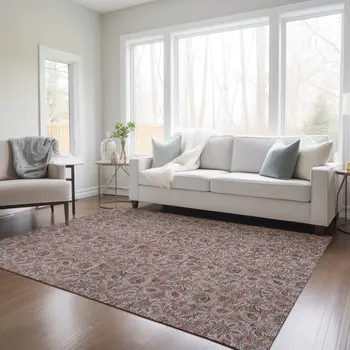 3' X 5' Copper Gray And Silver Floral Washable Indoor Outdoor Area Rug