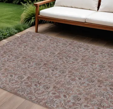 8' X 10' Copper Gray And Silver Floral Washable Indoor Outdoor Area Rug