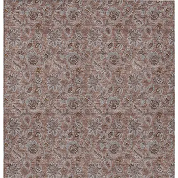 10' X 14' Copper Gray And Silver Floral Washable Indoor Outdoor Area Rug