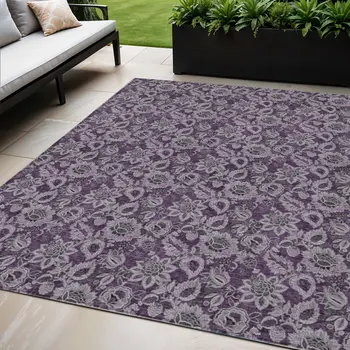 5' X 8' Eggplant Purple And Lilac Floral Washable Indoor Outdoor Area Rug