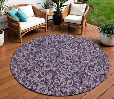 8' Eggplant Purple And Lilac Round Floral Washable Indoor Outdoor Area Rug