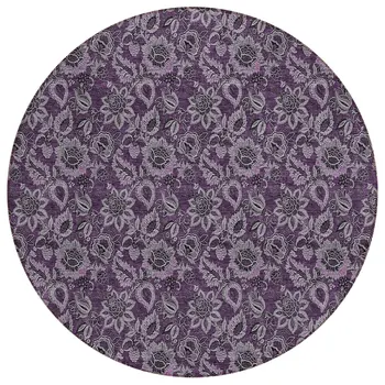 8' Eggplant Purple And Lilac Round Floral Washable Indoor Outdoor Area Rug