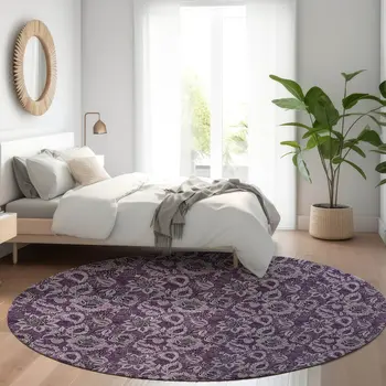 8' Eggplant Purple And Lilac Round Floral Washable Indoor Outdoor Area Rug