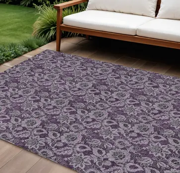 8' X 10' Eggplant Purple And Lilac Floral Washable Indoor Outdoor Area Rug