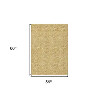 3' X 5' Gold And Wheat Floral Washable Indoor Outdoor Area Rug