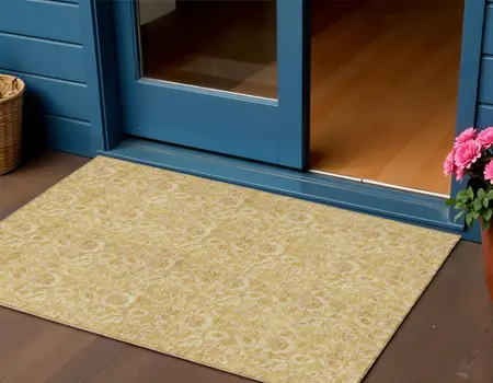 3' X 5' Gold And Wheat Floral Washable Indoor Outdoor Area Rug