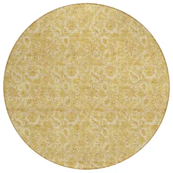 8' Gold And Wheat Round Floral Washable Indoor Outdoor Area Rug