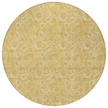 8' Gold And Wheat Round Floral Washable Indoor Outdoor Area Rug