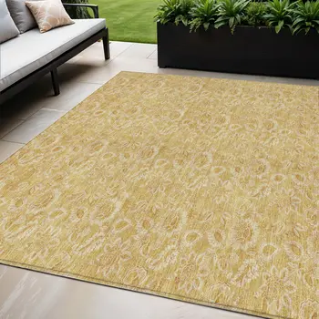 8' X 10' Gold And Wheat Floral Washable Indoor Outdoor Area Rug
