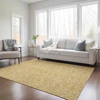 9' X 12' Gold And Wheat Floral Washable Indoor Outdoor Area Rug