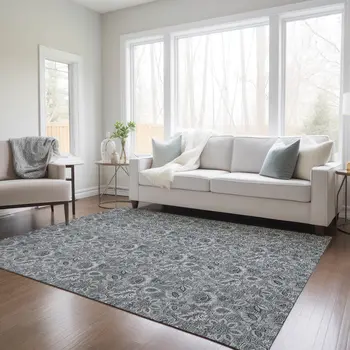 3' X 5' Gray Silver And Charcoal Floral Washable Indoor Outdoor Area Rug