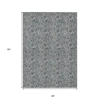 5' X 8' Gray Silver And Charcoal Floral Washable Indoor Outdoor Area Rug