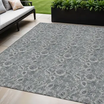 5' X 8' Gray Silver And Charcoal Floral Washable Indoor Outdoor Area Rug