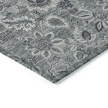 5' X 8' Gray Silver And Charcoal Floral Washable Indoor Outdoor Area Rug