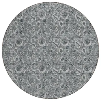 8' Gray Silver And Charcoal Round Floral Washable Indoor Outdoor Area Rug