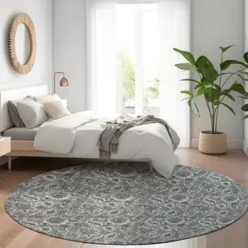 8' Gray Silver And Charcoal Round Floral Washable Indoor Outdoor Area Rug