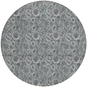 8' Gray Silver And Charcoal Round Floral Washable Indoor Outdoor Area Rug